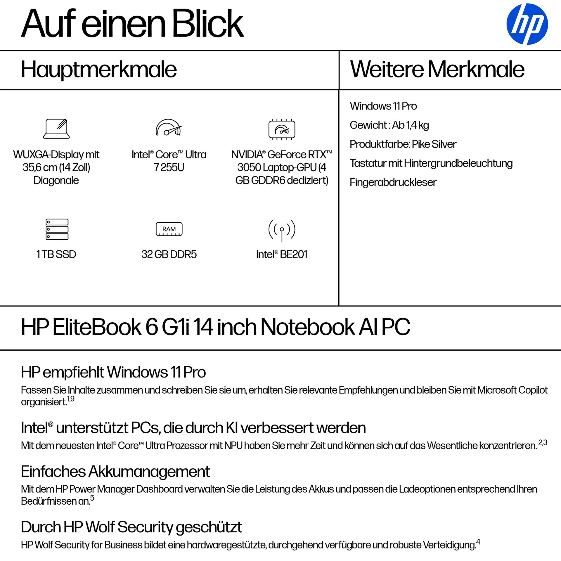 HP EliteBook 6 G1i AI Intel Core Ultra 7 255U Laptop 35,6 cm (14") WUXGA 32 GB DDR5-SDRAM 1 TB SSD Wi-Fi 7 (802.11be) Windows 11 Pro AI PC Silber – Bild 4