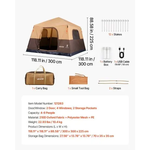 VEVOR Campingzelt 6 Personen, Aufblasbares Familienzelt mit Wiederaufladbarer Pumpe, TPU-Luftschlauch & 4 Netzfenstern, Kabinenzelt mit Tragetasche für Familien-Camping & Wandern, Beige – Bild 6
