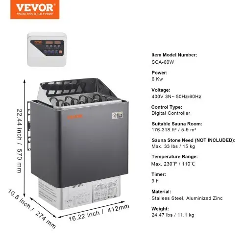 VEVOR Saunaofen, 6 kW, 400 V, 3N tragbarer Saunaofen für drinnen & draußen mit 3-Stunden-Timer, digitaler Regler für 5–9 m³ großes Zuhause, gewerbliche Nutzung in Hotel-Spa-Duschen, max. 110 °C – Bild 6