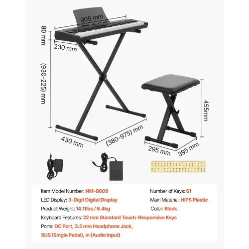 VEVOR Digitalpiano 61 Tasten Halbgewichtet E-Piano mit Ständer Klavierhocker, 128 Klänge, 128 Rhythmen, HiFi-Stereolautsprecher, 3,5-mm-Kopfhörerbuchse, Sustain-Pedal, USB/MIDI und Notenablage – Bild 6