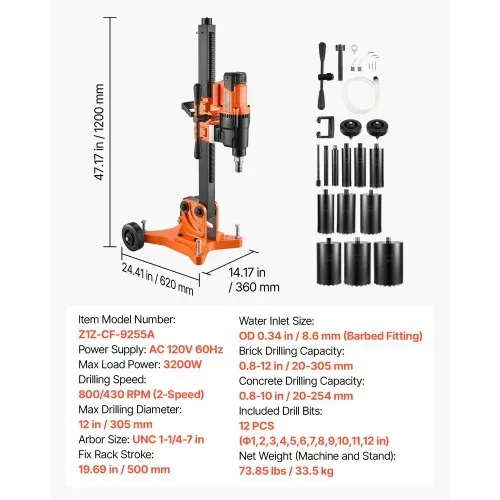 VEVOR Diamant Kernbohrmaschine 3000 W Kernbohrgerät Trocken/Nass 20-305 mm, für Beton Ziegel Keramikfliesen Asphalt Marmor, 12 Bohrer Neigbarer Ständer & Fahrgestell 1000/550 U/min, UNC1 1/4–7 Gewinde – Bild 6