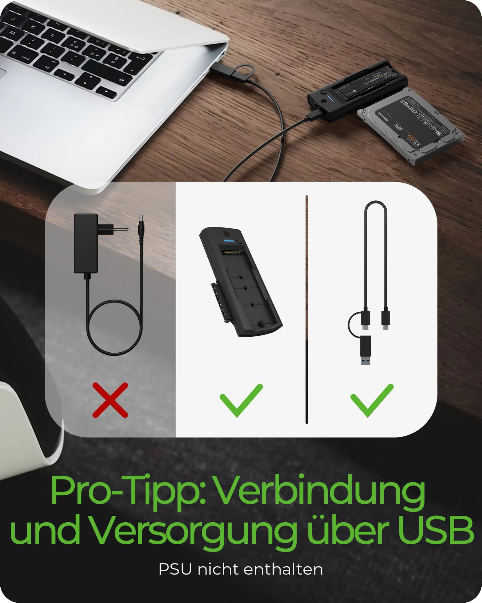 ICY BOX IB-180MS-C31 SSD Docking 1x 2,5"/3,5" & 1x M.2 PCIe NVMe zu USB 3.2 Gen 2 10 Gbit/s, Werkzeuglos, ohne Netzteil, Kunststoff, schwarz – Bild 6