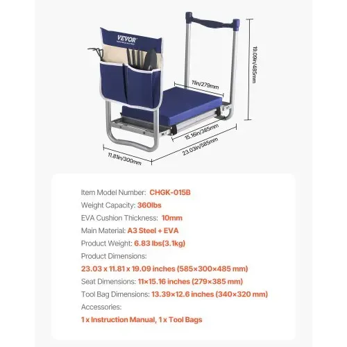 VEVOR Kniebank 585x300x485 mm, Kniekissen 279x385mm Kniepolster, Kniehilfe Gartenarbeit bis 160 kg, klappbarer Gartensitz mit 1 Werkzeugtasche, Arbeitshocker lindert Knie- & Rückenschmerzen – Bild 6