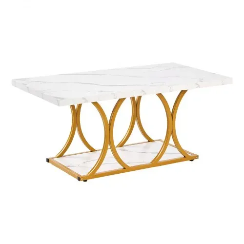 VEVOR Couchtisch Beistelltisch in Marmoroptik, zweistufiger rechteckiger Beistelltisch Sofatisch mit Metallgestell & geometrischen Beinen & 95 kg Tragkraft, minimalistischer Wohnzimmertisch Weiß – Bild 8