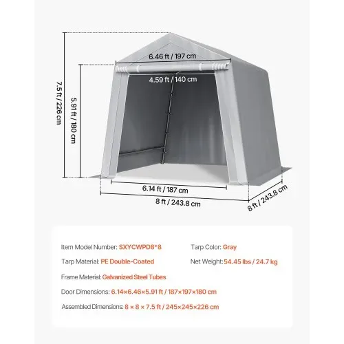 VEVOR Gerätehaus, 243,8x243,8x229cm, Garagenzelt aus PE, Geräteschuppen, Fahrradgarage, Gartenschuppen, Carport, Fahrradschuppen, Aufbewahrungsgarage für Motorrad, Rasenmäher, Fahrrad, grau – Bild 6