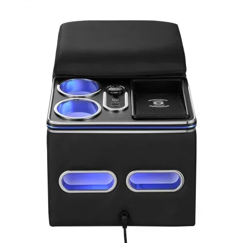 VEVOR Universal Mittelkonsole für die Rücksitzbank Kabelloses Laden Schwarz für Smartphones, 7-Farben Ambientebeleuchtung, 5 V/3 A QC, 5 V/3 A PD über USB-C, 12-24-V-Buchse, Handyhalterungen, Staufach – Bild 10
