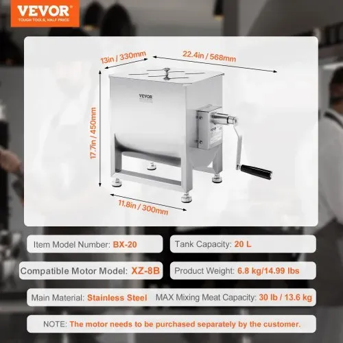 VEVOR manueller Fleischmischer Fleischverarbeitungsgerät (maximales Mischen von 13,6 kg Fleisch), Fleischmischer aus Edelstahl, Wurstmischer mit Untersetzungsgetriebe, Handmixer für Hackfleisch – Bild 6