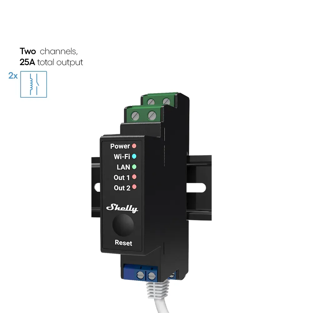 Shelly · Hutschiene · „Pro 2PM“ · Relais · max. 25A · 1 Phase · 2 Kanäle · Messfunktion · WLAN · LAN · BT Shelly · Hutschiene · „Pro 2PM“ · Relais · max. 25A · 1 Phase · 2 Kanäle · Messfunktion · WLAN · LAN · BT