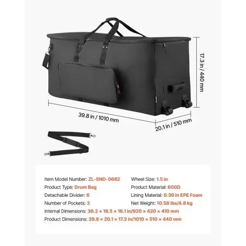VEVOR Schlagzeugtasche, Drummer Hardware Bag, 1010x510x440 mm, mit 6 herausnehmbaren Trennwänden, Rollen & 3 Außentaschen, wasserabweisend & gepolstert, sicherer Transport von Equipment & Instrumente – Bild 6
