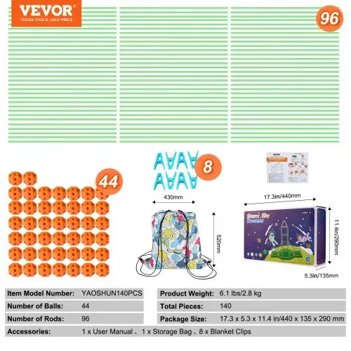 VEVOR Festungsbausatz für Kinder, 140-teiliges im Dunkeln leuchtendes STEM-Bauspielzeug, pädagogisches Geschenk für 4 5 6 7 8+ Jahre alte Jungen und Mädchen, Spielzelt für drinnen und draußen, Konstruktionsspielzeug mit 96 Stäben und 44 Bällen – Bild 6