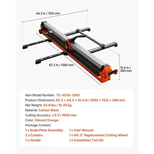 VEVOR Fliesenschneider 1200 mm, Fliesenschneidmaschine mit Schiene & Gleitkopf, Präzisions-Ausrichtungshilfe, Wolframkarbid-Schneidscheibe, Stützbeine mit Rädern, Keramik-, Boden- & Wandfliesen – Bild 6