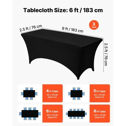 VEVOR 3 x Stretch Spandex Tischdecke Tischwäsche (rechteckig) geeignet für 1829 mm Tische, waschbarer knitterfreier Tischdeckenschutz, Tischtuch für Partys Hochzeiten Bankette Festivals, Schwarz – Bild 3