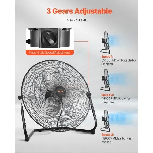 VEVOR 2 Stück Bodenventilatoren, 3 Gang, Windmaschine, 508 mm, 4800 CFM, 360° verstellbare Neigung, 6,5 m/s Luftstrom, Standventilator, für Fitnessstudio, Zuhause, Garage, Gewerbegeschäft – Bild 2