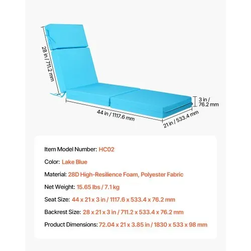 VEVOR Deckchair Auflagen, 1830x533x98 mm, Liegenauflagen für den Außenbereich, wasserabweisend & farbecht, Sonnenliegen-Kissen mit Bändern, dicke Terrassen-Liegepolster für Pooldeck, Meerblau – Bild 6