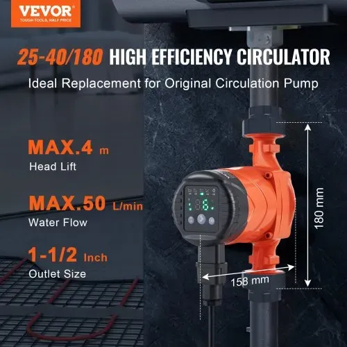 VEVOR Warmwasser-umwälzpumpe, Energieeffizient, Hocheffiziente Heizungspumpe, Ecm-permanentmagnetmotor, 220V, 22W, 50L/min Max. Durchflussrate, 4M Max. Förderhöhe, 3,81 cm Gewindeanschluss, 5 Intelligente Steuerungsmodi, Geräuscharm VEVOR Warmwasser-umwälzpumpe, Energieeffizient, Hocheffiziente Heizungspumpe, Ecm-permanentmagnetmotor, 220V, 22W, 50L/min Max. Durchflussrate, 4M Max. Förderhöhe, 3,81 cm Gewindeanschluss, 5 Intelligente Steuerungsmodi, Geräuscharm
