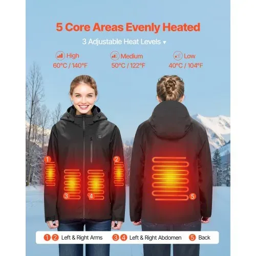 VEVOR Beheizte Jacke für Damen mit 7,4-V-Akku, elektrischer Softshell-Heizmantel, winddichte Heizjacke leichte Oberbekleidung mit 5 Heizzonen und 3 Heizstufen, maschinenwaschbar, XL VEVOR Beheizte Jacke für Damen mit 7,4-V-Akku, elektrischer Softshell-Heizmantel, winddichte Heizjacke leichte Oberbekleidung mit 5 Heizzonen und 3 Heizstufen, maschinenwaschbar, XL