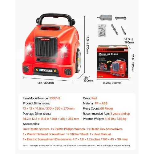 VEVOR Motorspielzeug, 60-teilig, Autoreparaturset für Kinder, mit abnehmbaren Teilen, Lichtern & Geräuschen, Lenkrad & Hupe, Mechaniker-Werkstattset für Kinder für Kleinkinder ab 3 Jahren, Rot – Bild 6