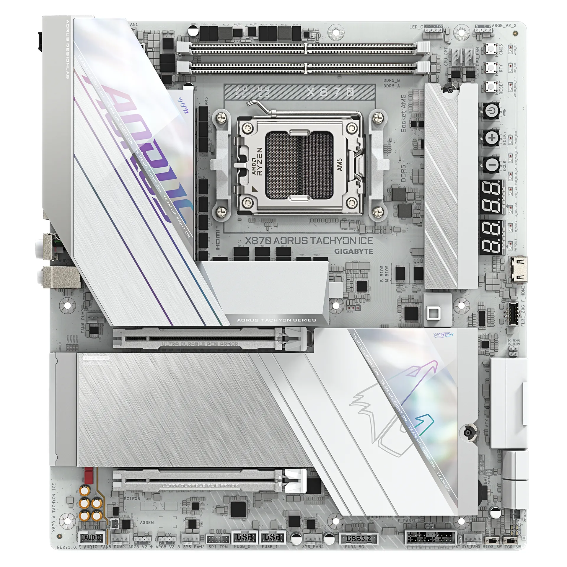 GIGABYTE X870 AORUS TACHYON ICE Mainboard – Unterstützt AMD Ryzen 9000 CPUs, digitale 18+2+2 Phasen VRM, bis zu 9600 MHz DDR5 (OC), 1 x PCIe 5.0 + 2 x PCIe 4.0, Wi-Fi 7, 5 GbE LAN, USB 4 – Bild 2