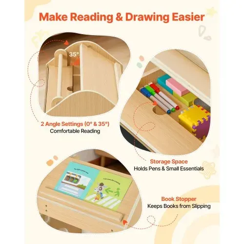 VEVOR Montessori-Tisch- & Stuhlset, Holz, 3-in-1-Kindersitzgruppe, Kindermöbel mit Abnehmbarer Kreidetafel, 0°- & 35°-Winkel, für Kleinkinder von 1-5 Jahren zum Essen, Zeichnen, Lesen & Spielen – Bild 4
