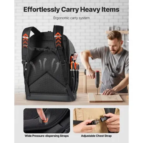 VEVOR Werkzeugrucksack, 56 Taschen, Werkzeug-Aufbewahrungstaschen mit geformtem Boden, Werkzeugtasche, Baustellenrucksack für Baustellen, Elektriker, Industrie, Reparaturen & Heizungstechniker – Bild 3