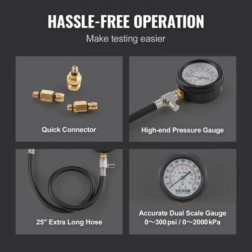 VEVOR Kompressionsmesser Kompressionstester Kompressionsprüfer Testgerät Kompressionsmessgerät mit Manometer Benzinmotor 0–300 PSI und 0–2000 kPa Verdichtungsmesser inkl. 3x Adapter – Bild 3