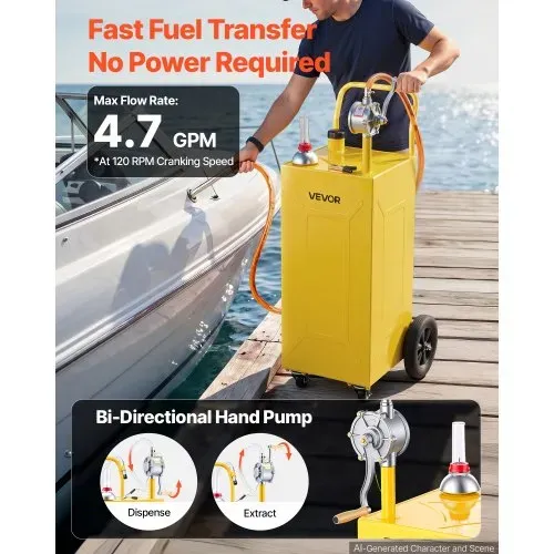 VEVOR 113,6L Kraftstofftrolley Mobile Tankanlage mit Manueller Pumpe Gelb, Tragbarer Kraftstoffkanister für Auto Rasenmäher Boot, Mit 4 Rollen & Ölstandsanzeige, Für Benzin & Diesel, Kohlenstoffstahl – Bild 2
