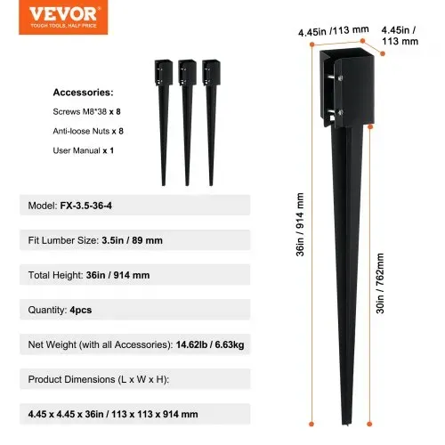 VEVOR Erdspieß für Zaunpfosten, 4er-Pack, 113 x 113 x 914 mm Außendurchmesser (Innendurchmesser 8,9 x 8,9 cm), Metall, schwarz pulverbeschichtet, Erdspieß für Briefkästen, Terrassen, Gartengeländer – Bild 6