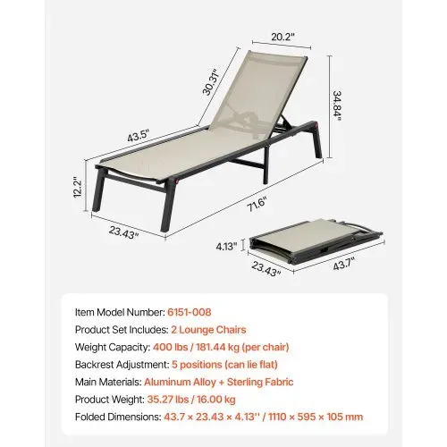 VEVOR Sonnenliege, 181,44 kg Tragkraft, Klappbarer Liegestuhl aus Aluminium, 2er-Set, Gartenliege mit 5 verstellbaren Positionen, Strandliege für Outdoor, Pool, Strand, Terrasse, Patio, Rasen – Bild 6