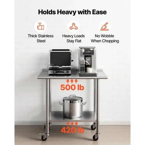 VEVOR Edelstahltisch Gastro 915 x 610 x 894 mm, Verstellbarer Edelstahltisch mit Rollen, Aufkantung (30 mm), Arbeitstisch mit Grundboden für Restaurant Obere Ablage (227 kg) Untere Ablage (191 kg) – Bild 3