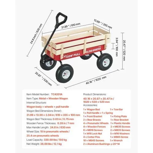 VEVOR Handwagen für Kinder, 102 cm Bollerwagen, Transportwagen mit Schiebestange, aus Holz & Metal, max. 150 kg tragbar, ideal für Kinder ab 5 Jahren, Garten, Ausflüge & Strand, Farbe Rot & Schwarz – Bild 6