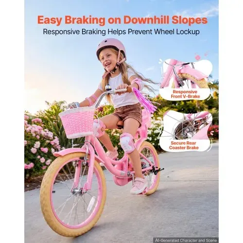 VEVOR Kinderfahrrad 18 Zoll Straßenfahrrad für 5-8 Jahre mit Ständer Rosa, Kinderrad für Mädchen, Kohlenstoffstahlrahmen, Prinzessin-Stil, Doppelbremsen, Verstellbarer Sitz, mit Puppensitz & Korb – Bild 2
