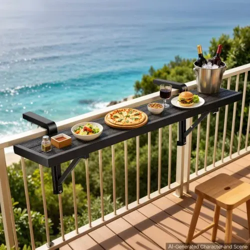 VEVOR Balkonhängetisch 1245x240 mm Hängetisch 27 kg Balkontisch Schwarz, für Terrasse, Garten, Deck, Passend für 25–65 mm Geländer, Verstellbarer Halterungsabstand, Holz-Kunststoff-Verbundmaterial – Bild 7
