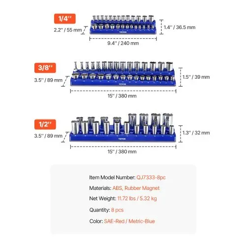 VEVOR Steckschlüssel-Organizer-Set, 8-teilig, 1/4 Zoll, 3/8 Zoll & 1/2 Zoll SAE-Steckschlüsselablagen, für bis zu 199 Standard- & tiefe Steckschlüssel (Steckschlüssel nicht im Lieferumfang enthalten) – Bild 6