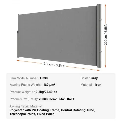 VEVOR Seitenmarkise 200 x 300 cm Seitenwandmarkise aus 180 g/m² Polyestergewebe mit PU-Beschichtung Markise einziehbarer Griff mit Federmechanismus Sichtschutz Blickschutz für Balkone Innenhöfe Grau – Bild 6