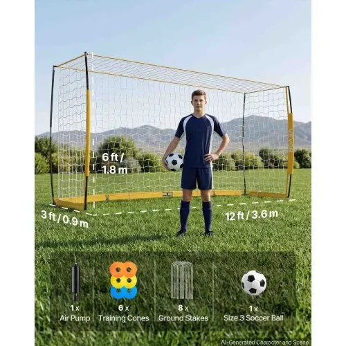 VEVOR Fußballtor 3,6 x 1,8 m Klappbares Soccertor mit Fiberglasrahmen Gelb,für Fußballplätze Parks und Schulen, Polyesternetz bis 113 km/h, Bodenanker, Metallsockel und Oxford-Aufbewahrungstasche – Bild 6