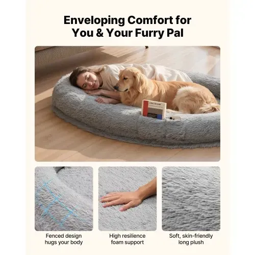 VEVOR Hundebett für Menschen & Hunde, 174x118x24 cm, Memory-Schaum-Hundebett in Menschengröße, mit Seitentasche, Griff & Reißverschluss, abnehmbarer, maschinenwaschbarer Bezug, Hochflor Dunkelgrau – Bild 2