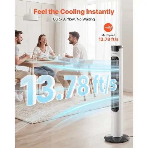 VEVOR 50W Turmventilator, 985 mm Säulenventilator mit 3 Geschwindigkeiten 3 Modi 7,5h Timer Max. 4.2 m/s, 50° Oszillierender Ventilator mit Fernbedienung, Leiser Standventilator für Schlafzimmer, Weiß – Bild 2