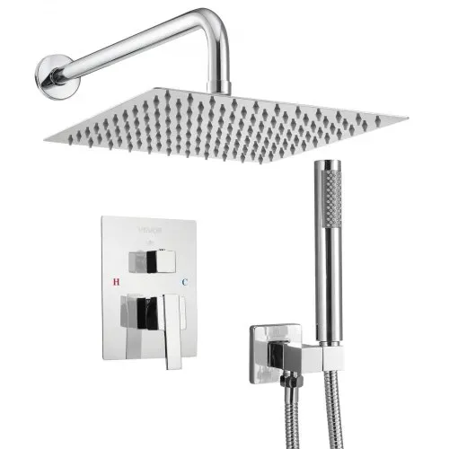 VEVOR Duscharmatur Regenduschsystem fürs Badezimmer Duschsystem mit 254 mm quadratischen Regenduschkopf & Handbrause, wandmontierte Badezimmerarmaturen mit Messingventil & Zierset, Silberchrom – Bild 9
