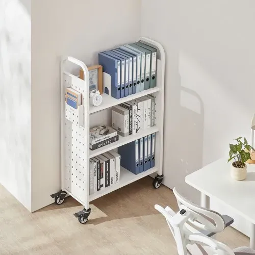 VEVOR Bücherwagen, 150 kg Tragkraft, Bibliothekswagen, 77 x 38 x 122 cm, einseitiges L-förmiges Bücherregal mit Doppelbremsrollen, Bücherregalwagen für Wohnzimmer, Büro, Schule, Weiß – Bild 7