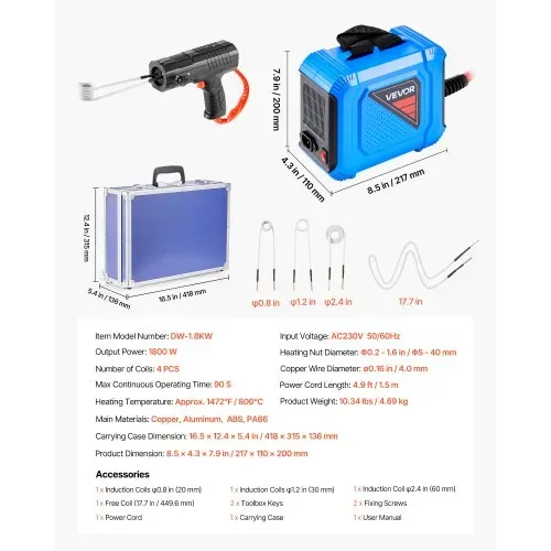 VEVOR Induktionsheizgerät zum Entfernen von Schrauben, 1800 W, magnetisches Induktionsheizgerät-Set, Heizgerät zum Entfernen von rostigen Schrauben, Autowerkstatt-Reparaturwerkzeuge mit 4 Spulen – Bild 6