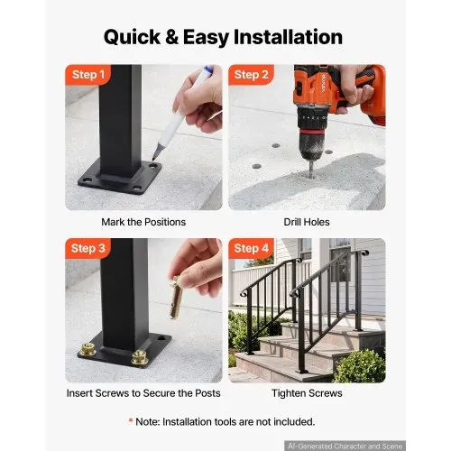 VEVOR 2x Handläufe für Außentreppen Treppengeländer für 2-3 Stufen Schwarz, Treppenhandlauf für Veranda Terrasse, Kohlenstoffstahl, 0–45° Winkel Einstellbar, Bogenförmig & Retro-Stil, mit Montagesatz – Bild 4
