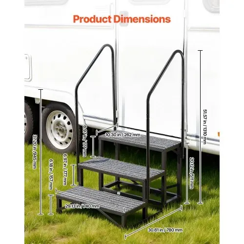 VEVOR Wohnmobiltreppe mit 2 Handläufen (3 Stufen), Standtreppe mit 300 kg Tragkraft, Außentreppe mit Rutschfester Matte für Senioren/Haustiere, Trittstufe für Camper, Mobilheim, Veranda, Pool und Spa – Bild 2