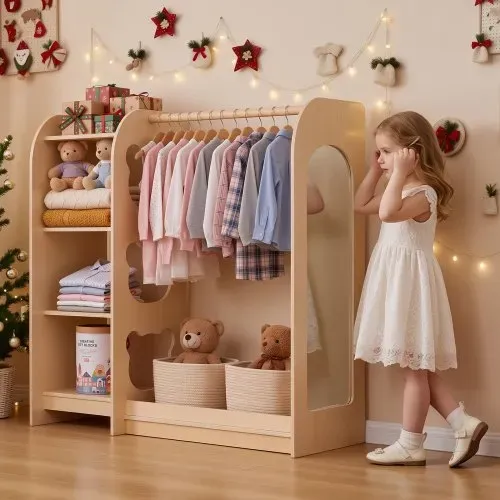 VEVOR Kinderkleiderschrank 120x40x106cm, Kindergarderobe mit Spiegel Kleiderstange Ablagen, Multiplexholz Verkleidungsschrank für Mädchen, Kinderschrank für Kostüme Dress-Up Schlafzimmer, Naturholz – Bild 7