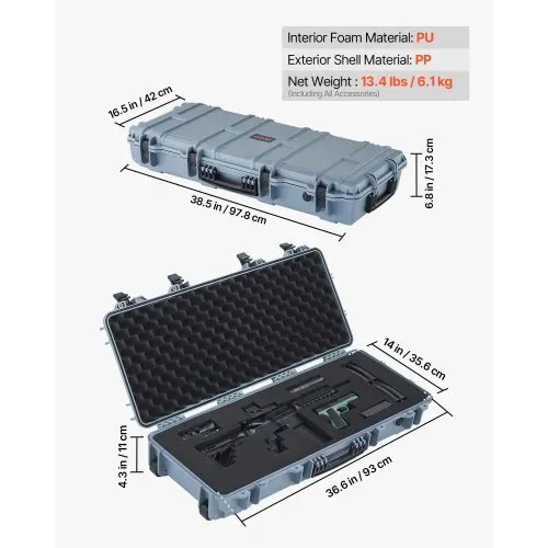 VEVOR Waffenkoffer mit Hartschale für Langwaffen, abschließbarer Gewehrkoffer mit vorgeschnittenen Schaumstoffen, Langwaffenkoffer Waffenaufbewahrung rollbar IP67 wasserfest, 97,8 x 42 x 17,3 cm Grau – Bild 2