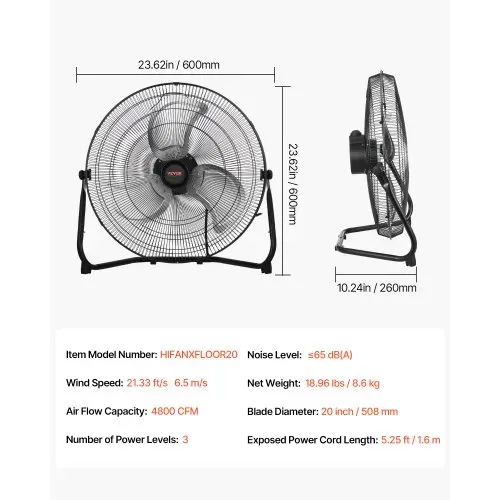 VEVOR 2 Stück Bodenventilatoren, 3 Gang, Windmaschine, 508 mm, 4800 CFM, 360° verstellbare Neigung, 6,5 m/s Luftstrom, Standventilator, für Fitnessstudio, Zuhause, Garage, Gewerbegeschäft – Bild 6