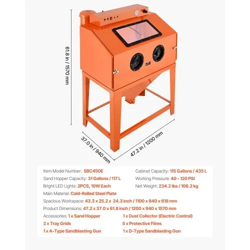 VEVOR Sandstrahlkabine 435 L, Sandstrahlgerät mit 117 L Strahlmittelbehälter, zwei Strahlpistolen & 1,6-PS-Staubabsaugung für die Oberflächenbearbeitung übergroßer Teile & die Rostentfernung – Bild 6