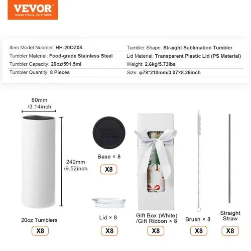 VEVOR 8er-Pack Gerade Sublimationsbecher, 567 g Blanko-Becher, Edelstahl-Doppelwandbecher mit Strohhalm, Deckel, Bürste, Boden, Schrumpffolie, Geschenkbox, für Wärmepresse und Wärmeübertragung – Bild 6