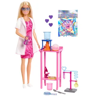 Barbie Wissenschaftlerin-Puppe und Zubehör mit blonder Modepuppe, Labortisch und Farbwechsel-Zubehör Barbie Wissenschaftlerin-Puppe und Zubehör mit blonder Modepuppe, Labortisch und Farbwechsel-Zubehör