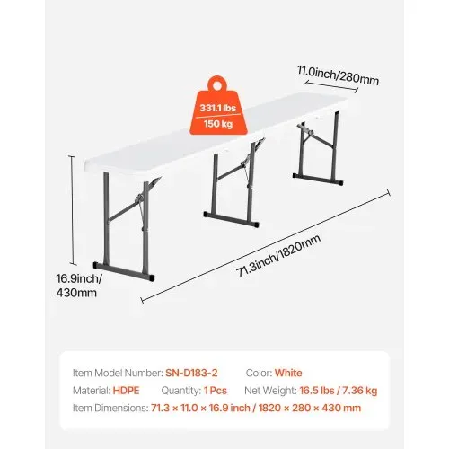 VEVOR Klappbank aus Kunststoff, 1,83 m tragbare Klappbank, glatte wasserdichte HDPE-Außenbank, Picknick-Camping-Esssitz mit Tragegriff, für unterhaltsame Aktivitäten wie Gartenfußball, weiß (1 Packung) – Bild 6