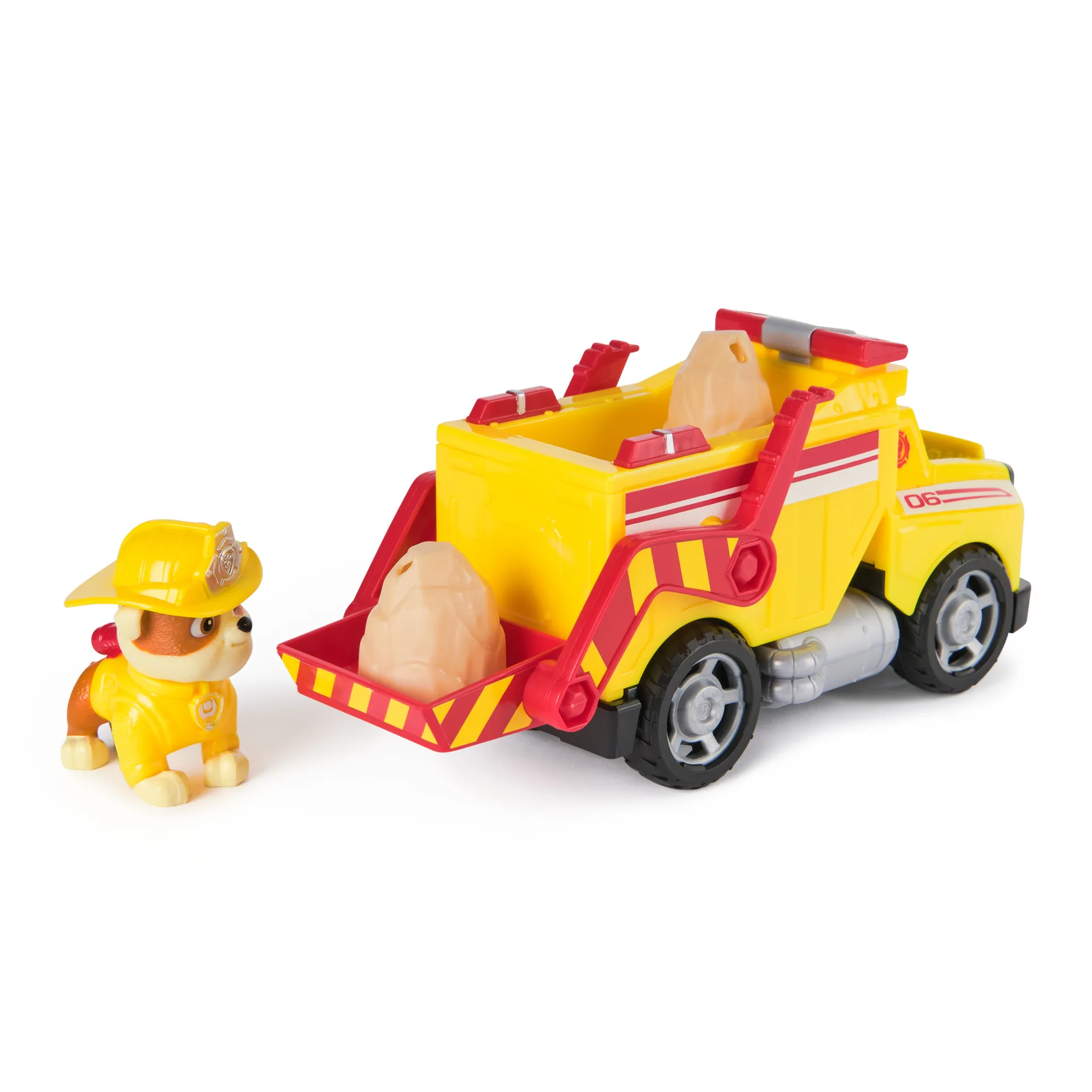 PAW Patrol Fire Rescue - Rubbles Rettungs-Truck mit Schaufel und Geschossen sowie Rubble Hundefigur – Bild 3